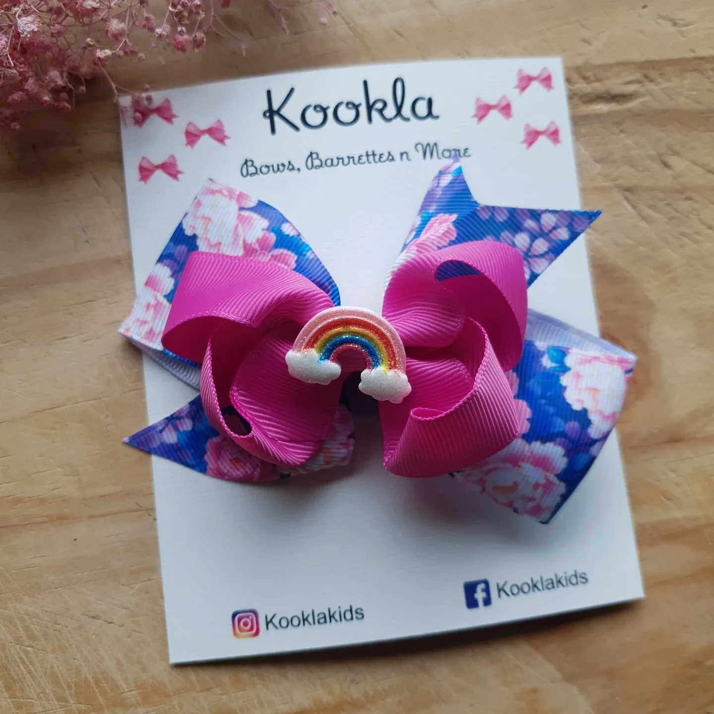 Boutique Grosgrain Bow Printed Pinwheel Clip — Fuchsia / Navy Floral