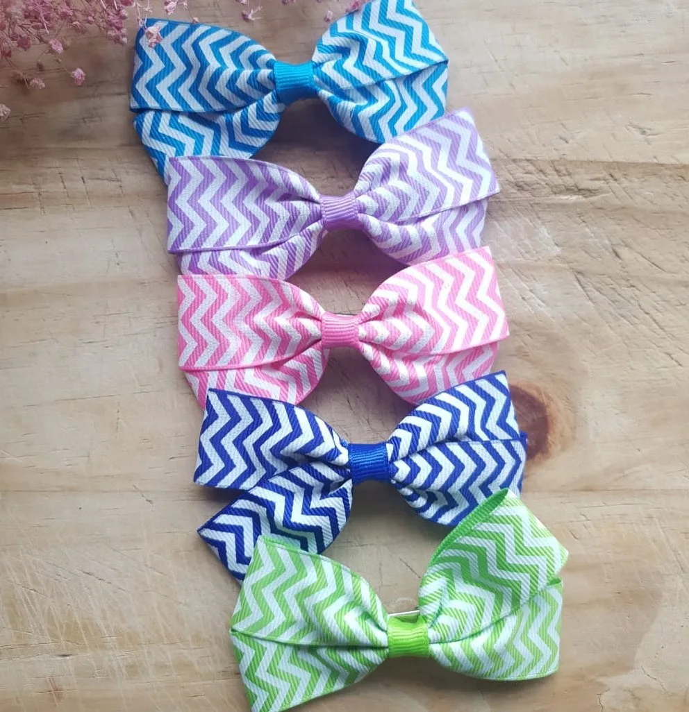 Chevron Zigzag Grosgrain Bow Clip (Set of 5) — Blue / Lilac / Pink / Navy / Lime Green