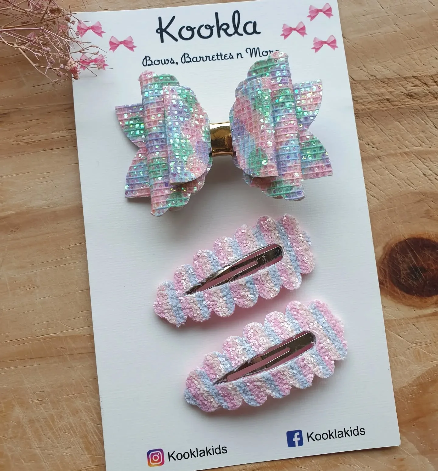 Glitter Bow and Snap Clips (Set of 3) — Pastel Floral Pink