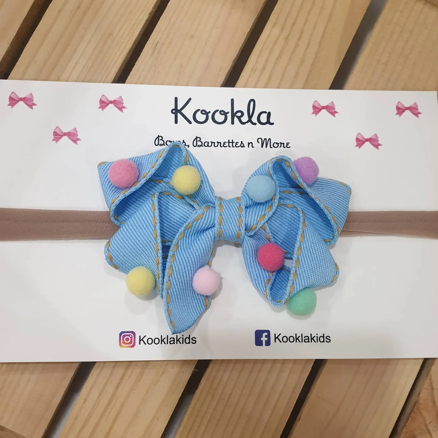 Denim Loopy Bow Pompom Headband — Denim Blue