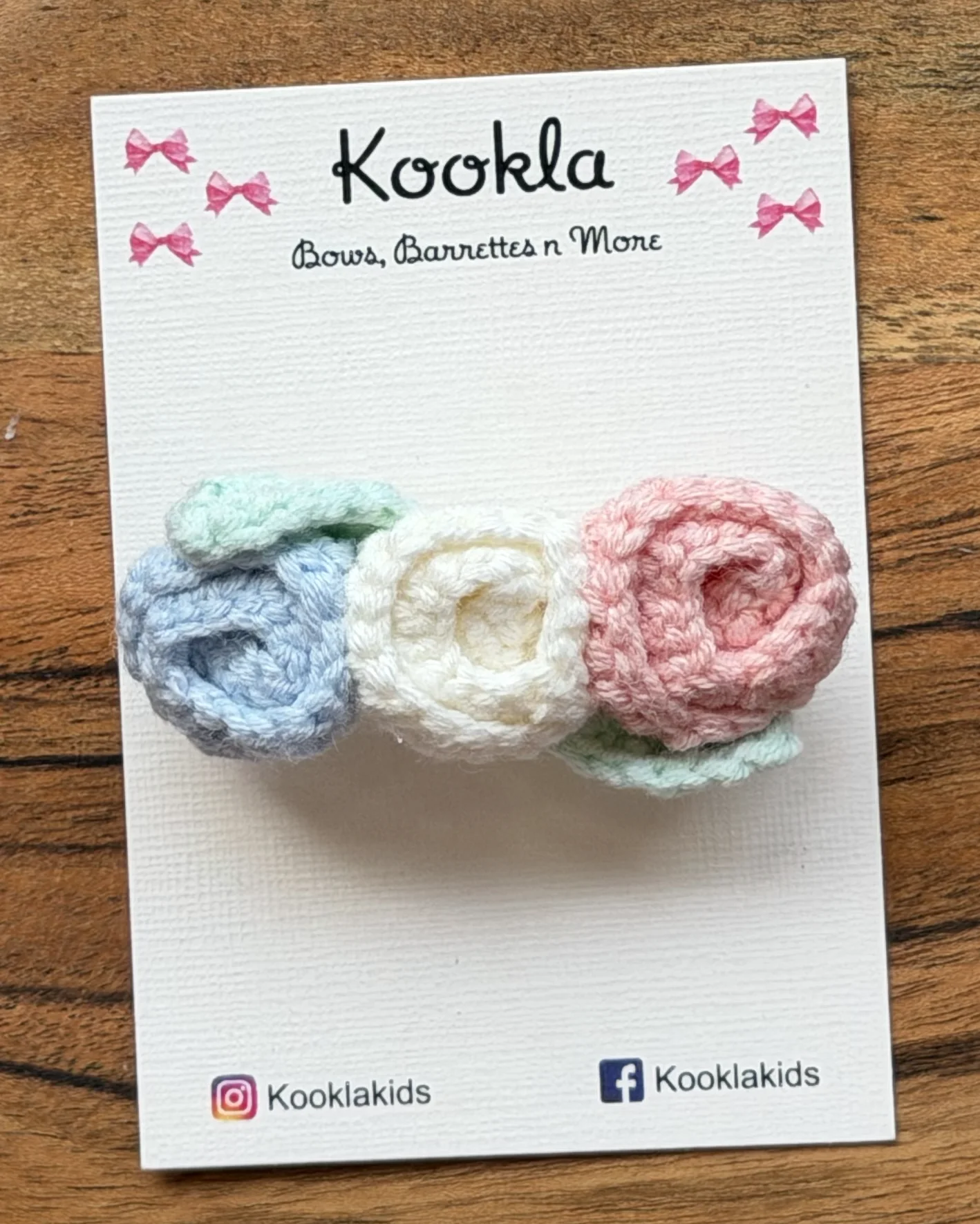 Crochet Three-Rose Barrette — Blue / White / Pink
