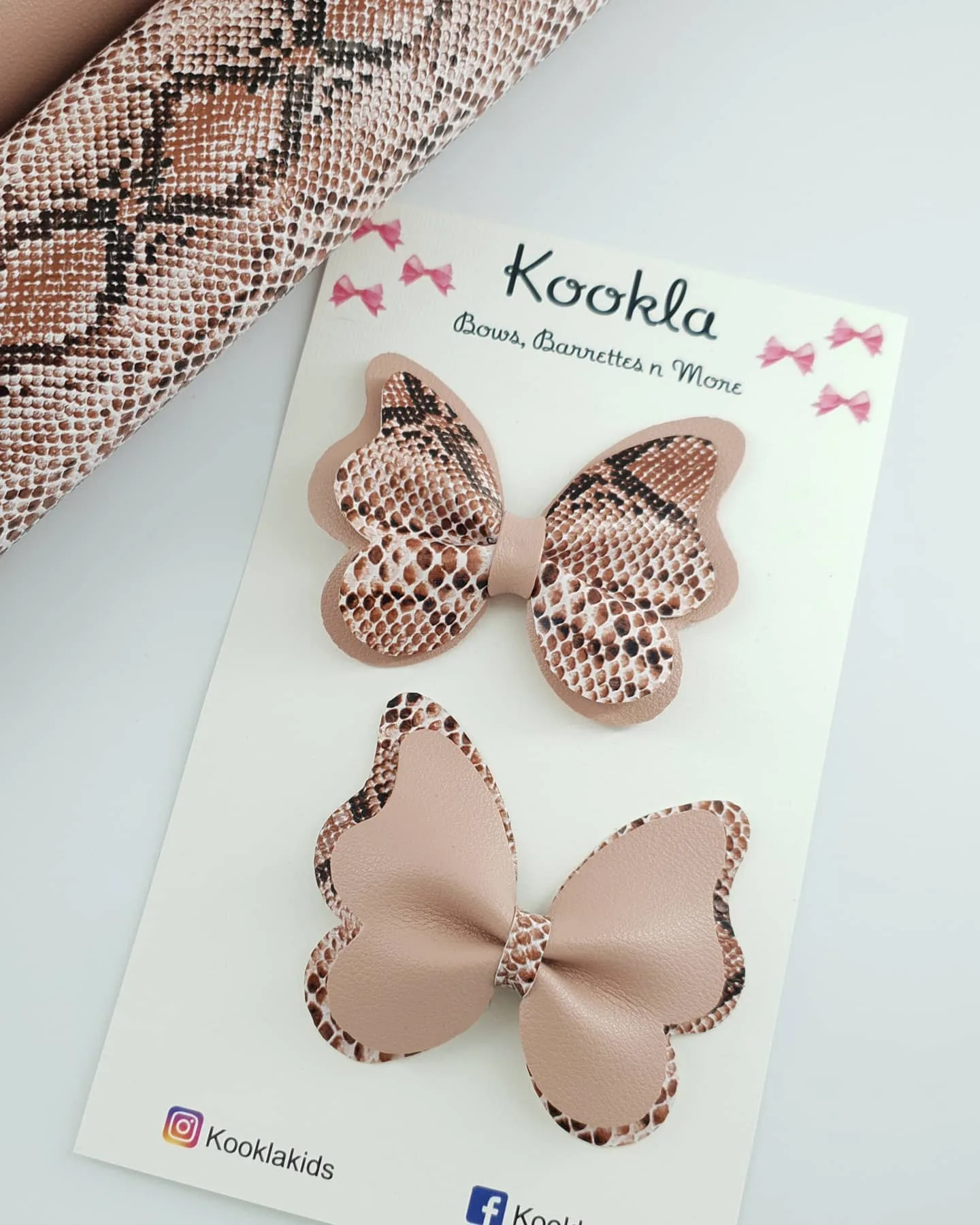 Layered Faux Leather Butterfly Clip (Pair) — Nude / Brown Snakeskin