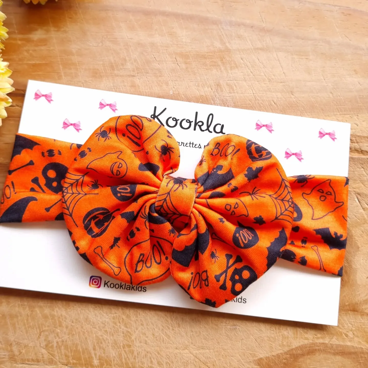 Halloween Print Fabric Puffy Bow Headband — Orange Halloween Print