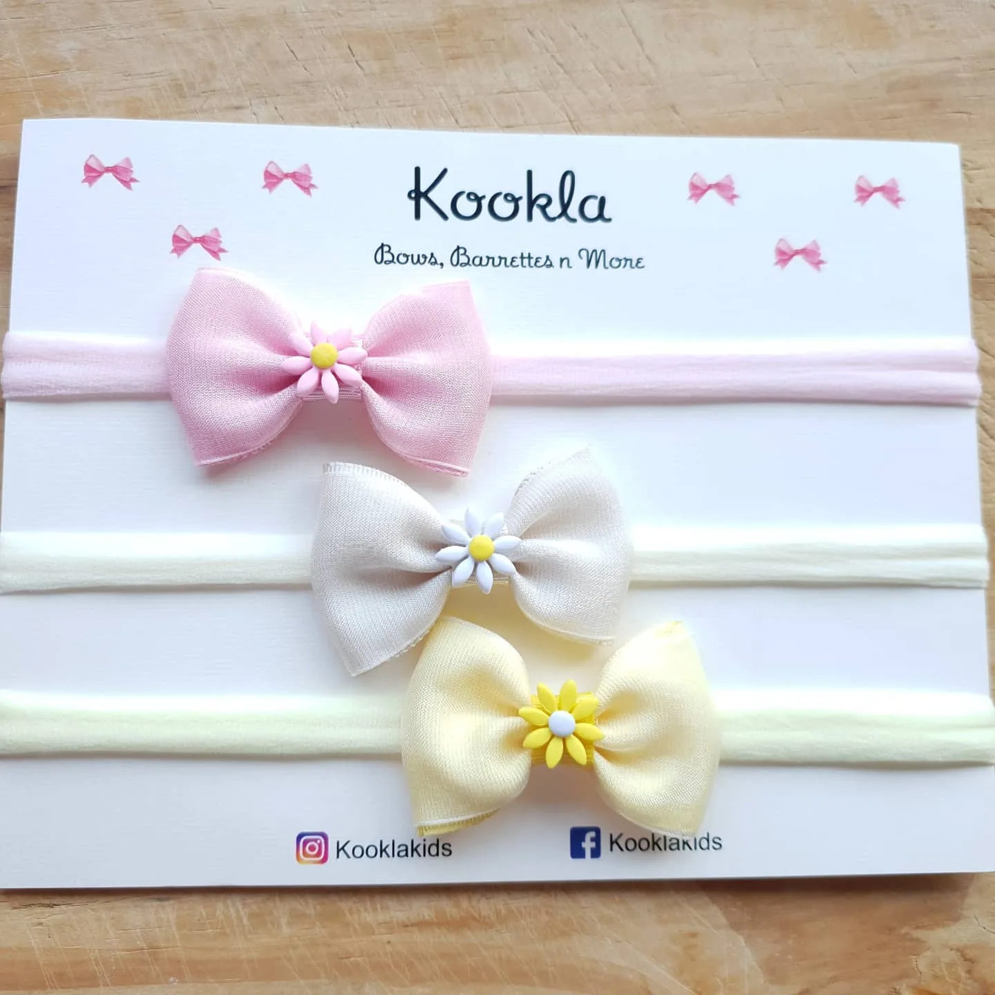 Organza Bow Daisy Centre Headband — Pink / White / Yellow