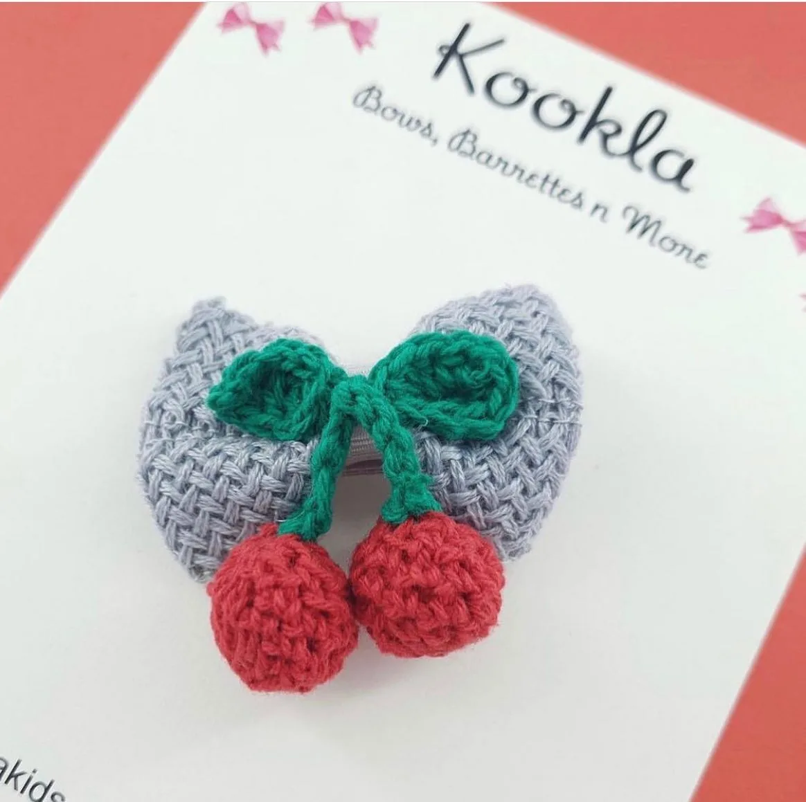 Crochet Cherry Bow Clip — Grey