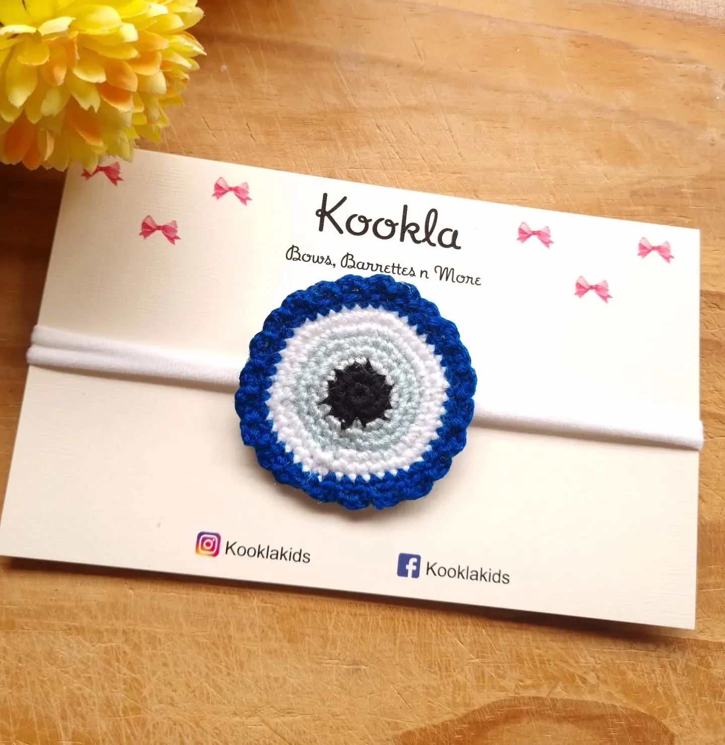 Crochet Evil Eye Motif Nylon Headband — Blue / White / Black