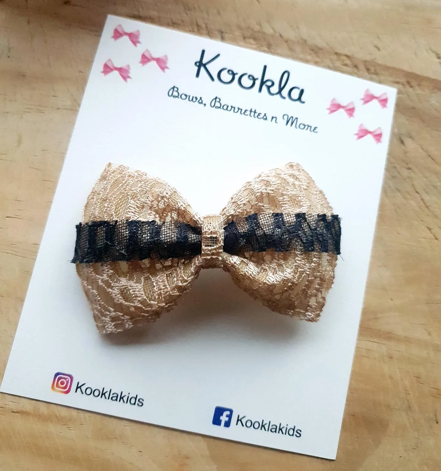 Lace Fabric Bow Contrast Lace Clip — Gold Lace / Black Band