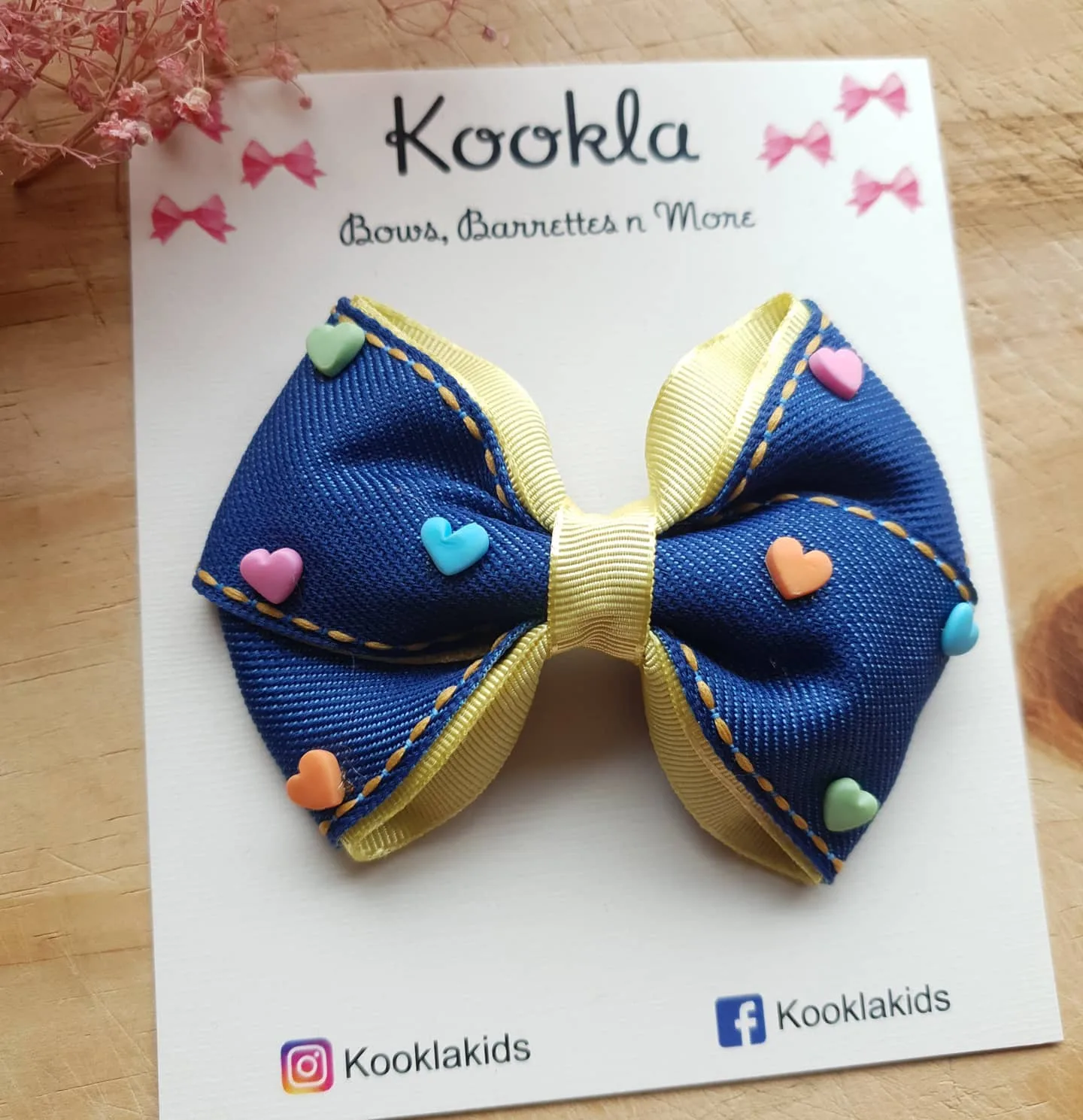 Navy Heart Stud Stitched Bow Clip — Navy / Yellow