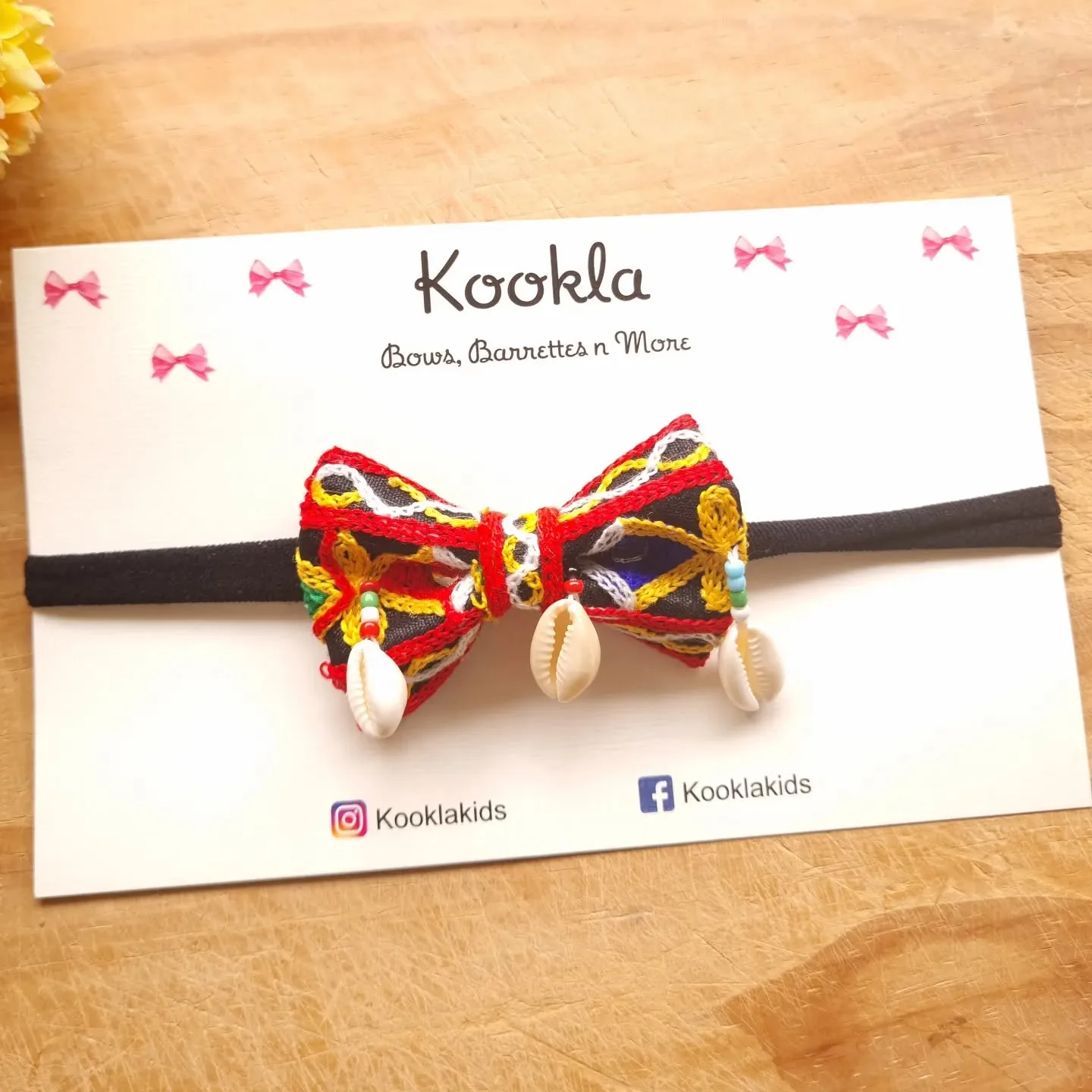 Kutch Embroidered Bow Cowrie Shells Headband — Red Multi / Black