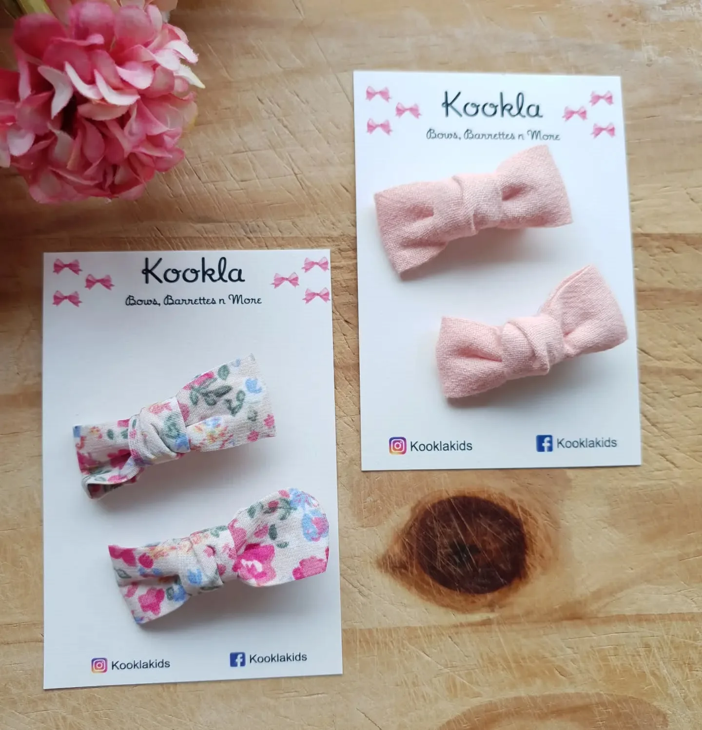 Small Fabric Knot Bow Clip (Pair) — Pink Floral Print / Baby Pink Suede