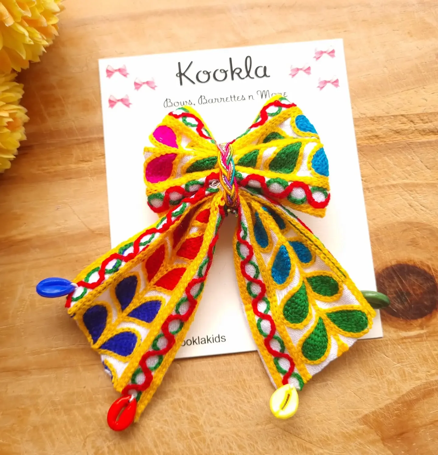 Kutch Embroidered Long Tail Bow — Yellow / Multi