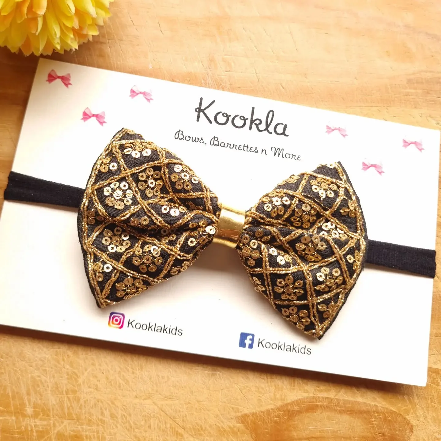 Festive Sequin Silk Bow Headband — Black / Gold