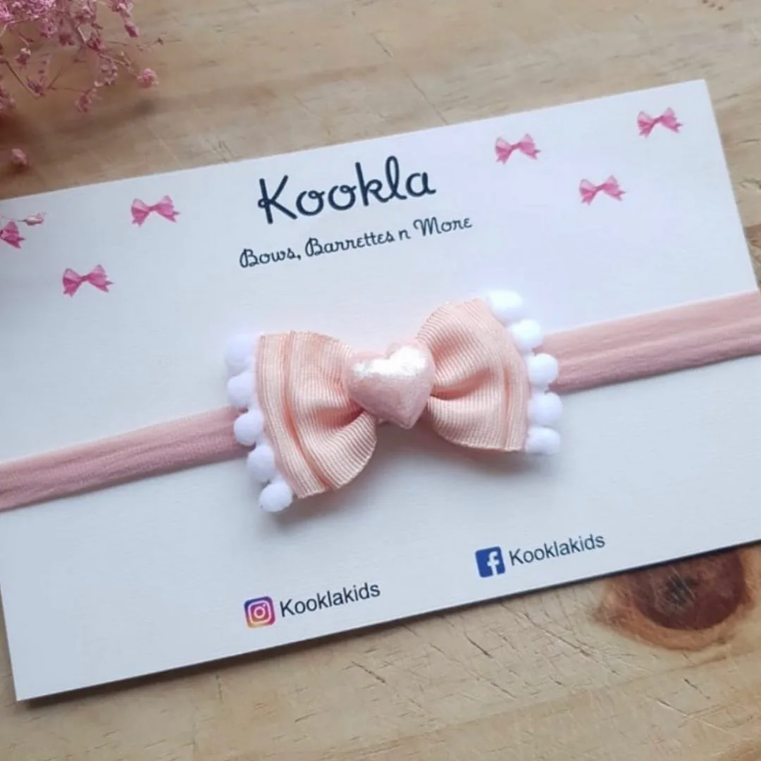 Grosgrain Bow Heart Pompom Trim Headband — Peach