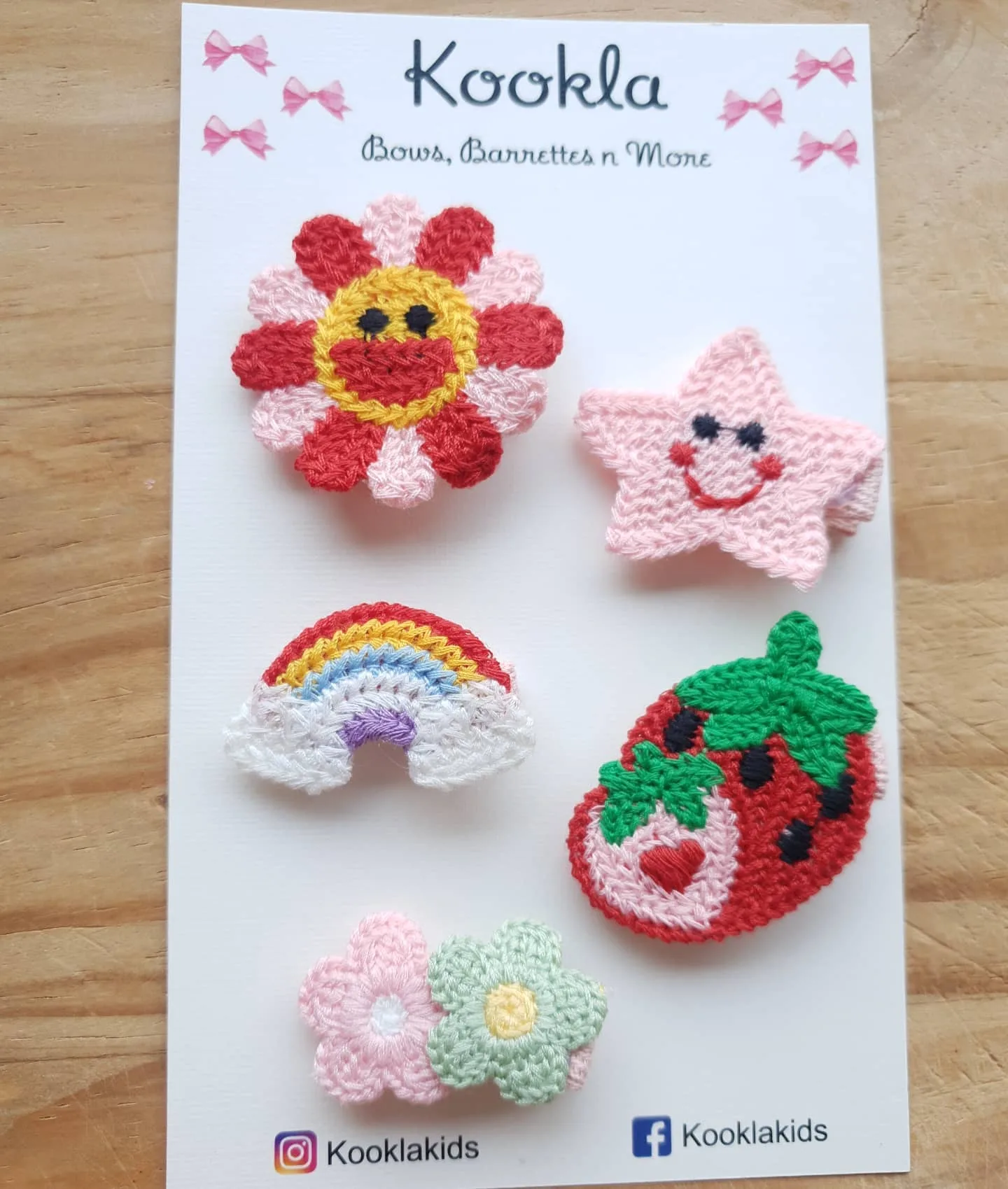 Crochet Motif Clips (Set of 5) — Red / Pink / Rainbow / Multicolour
