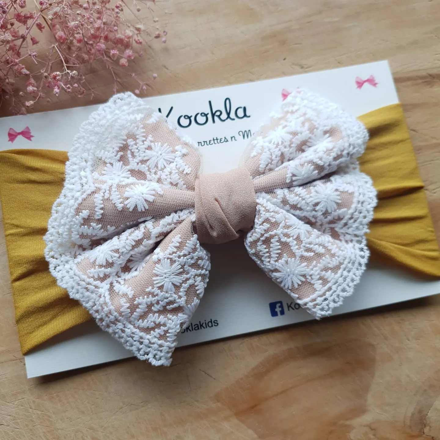 White Lace Overlay Big Bow Headband — Mustard / White Lace