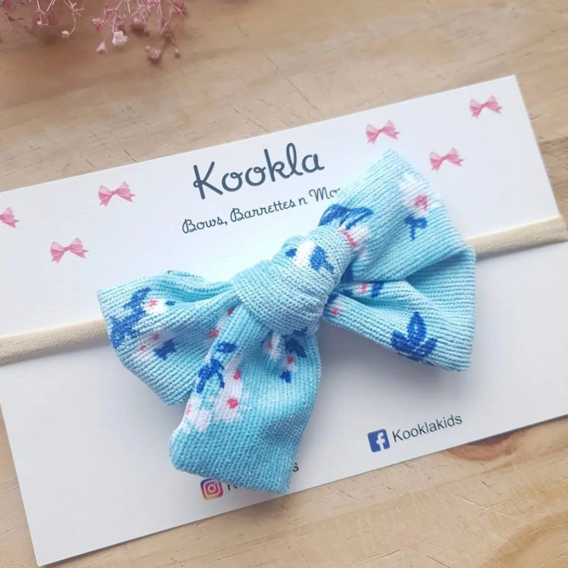 Printed Ribbed Corduroy Schoolgirl Bow Headband — Blue Floral