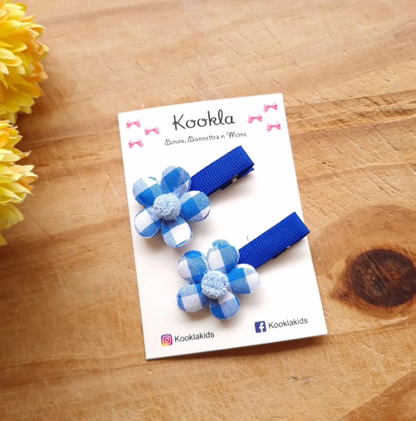 Gingham Fabric Flower Pompom Centre Clip (Pair) — Royal Blue