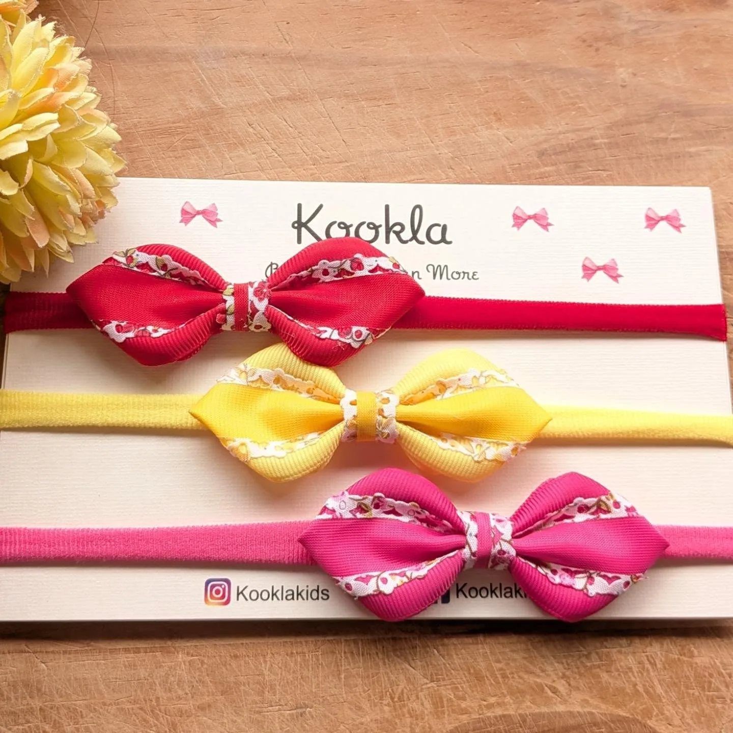 Floral Trim Bow Headbands (Set of 3) — Red, Yellow & Pink