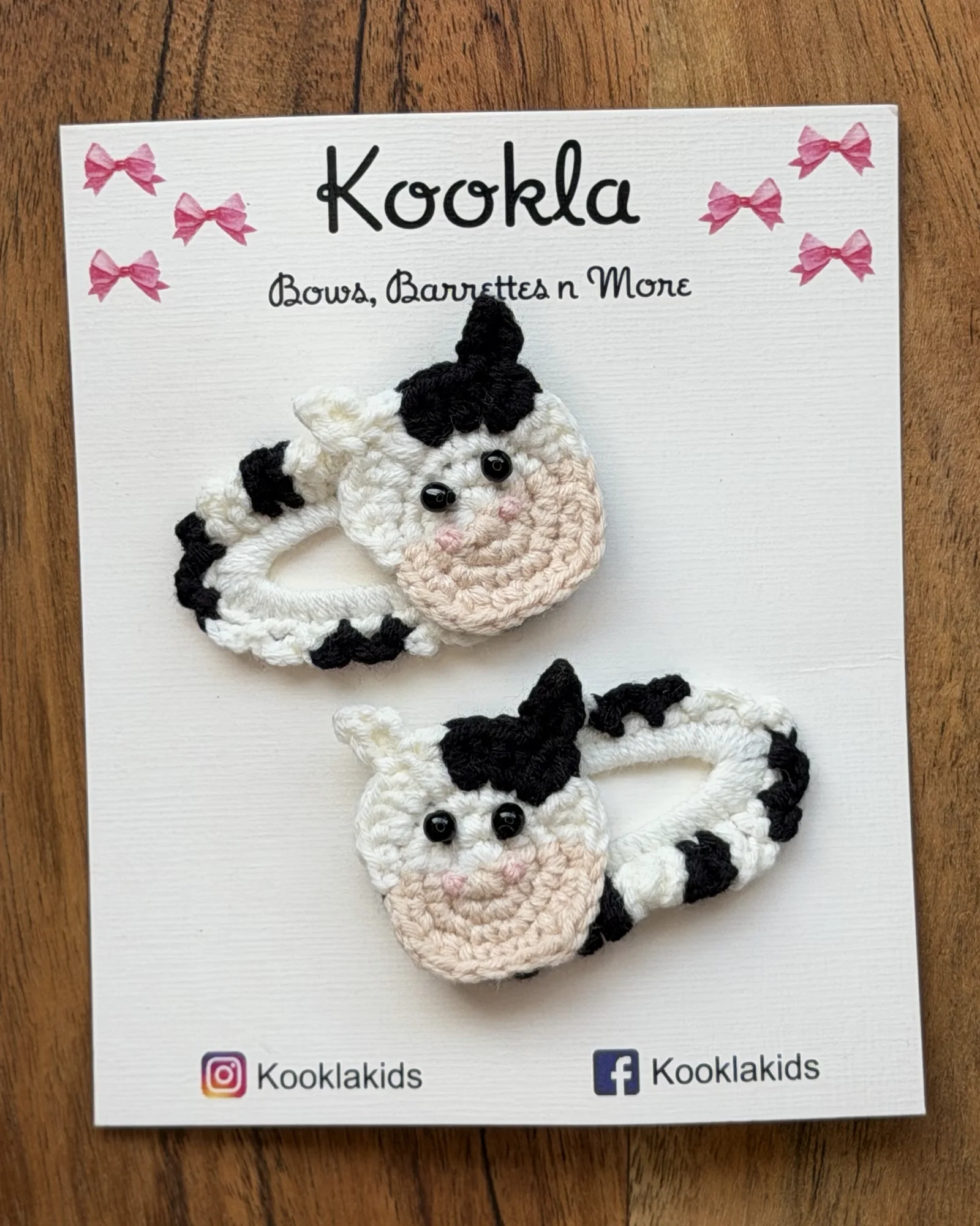 Crochet Cow Clips (Pair) — Black / White / Cream
