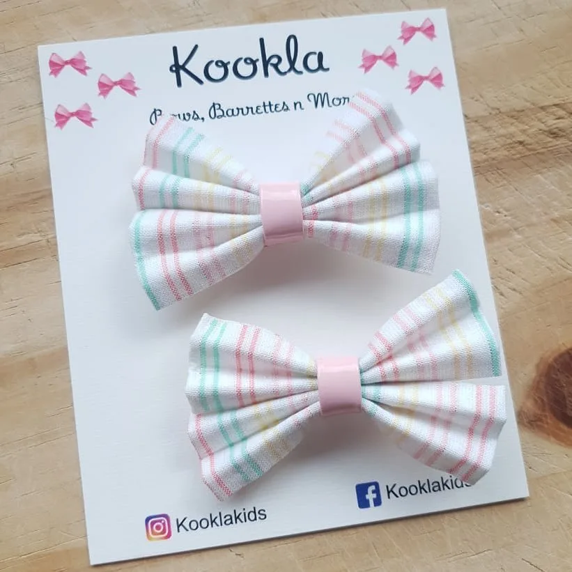 Pastel Striped Cotton Bow Solid Clip (Pair) — White / Pastel Stripe