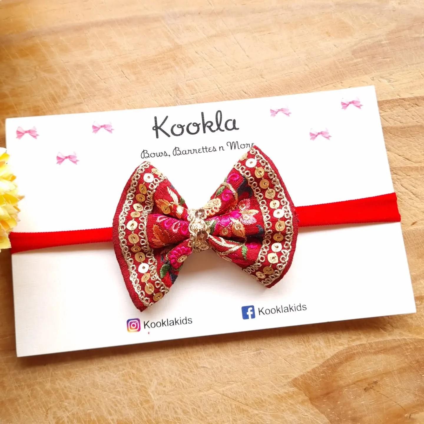 Ethnic Brocade Bow Sequin Border Headband — Maroon / Red Band