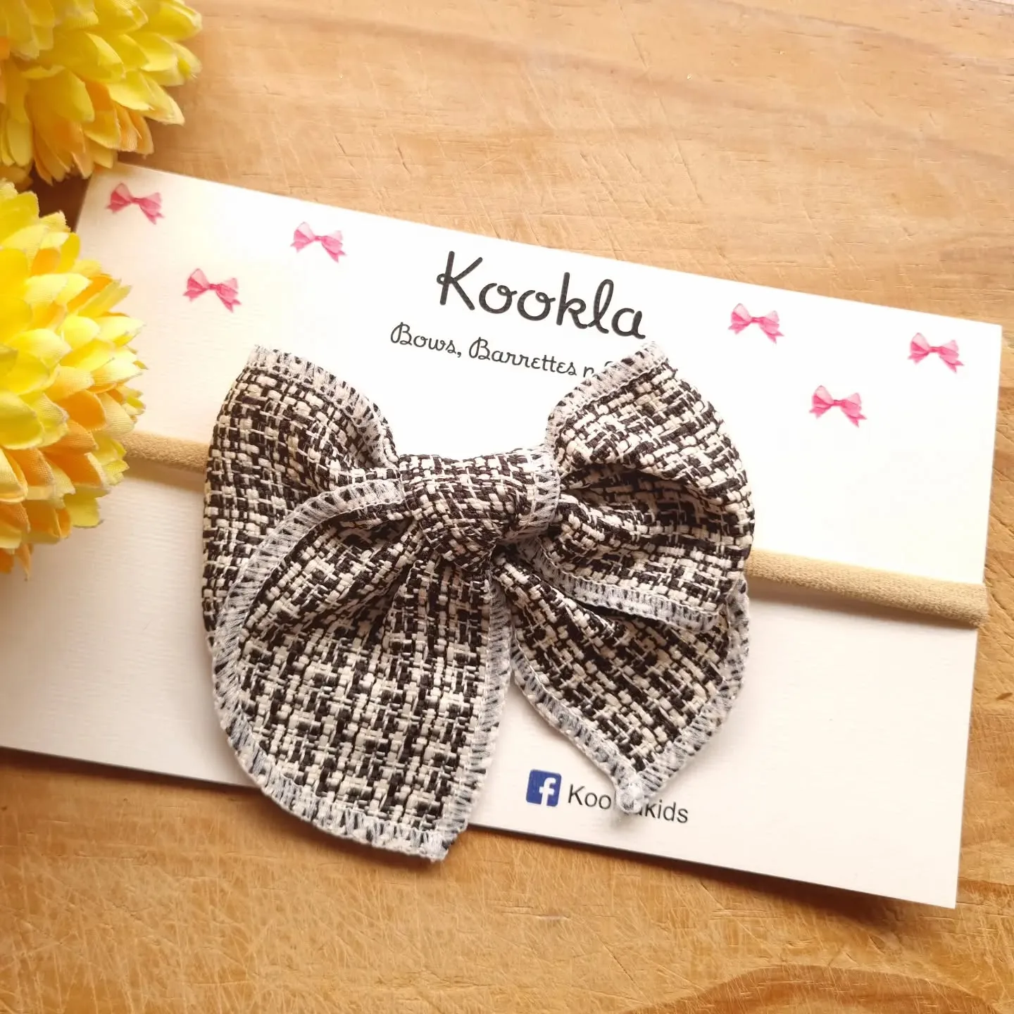 Tweed Fabric Sailor Bow Thin Headband — Black / White Tweed