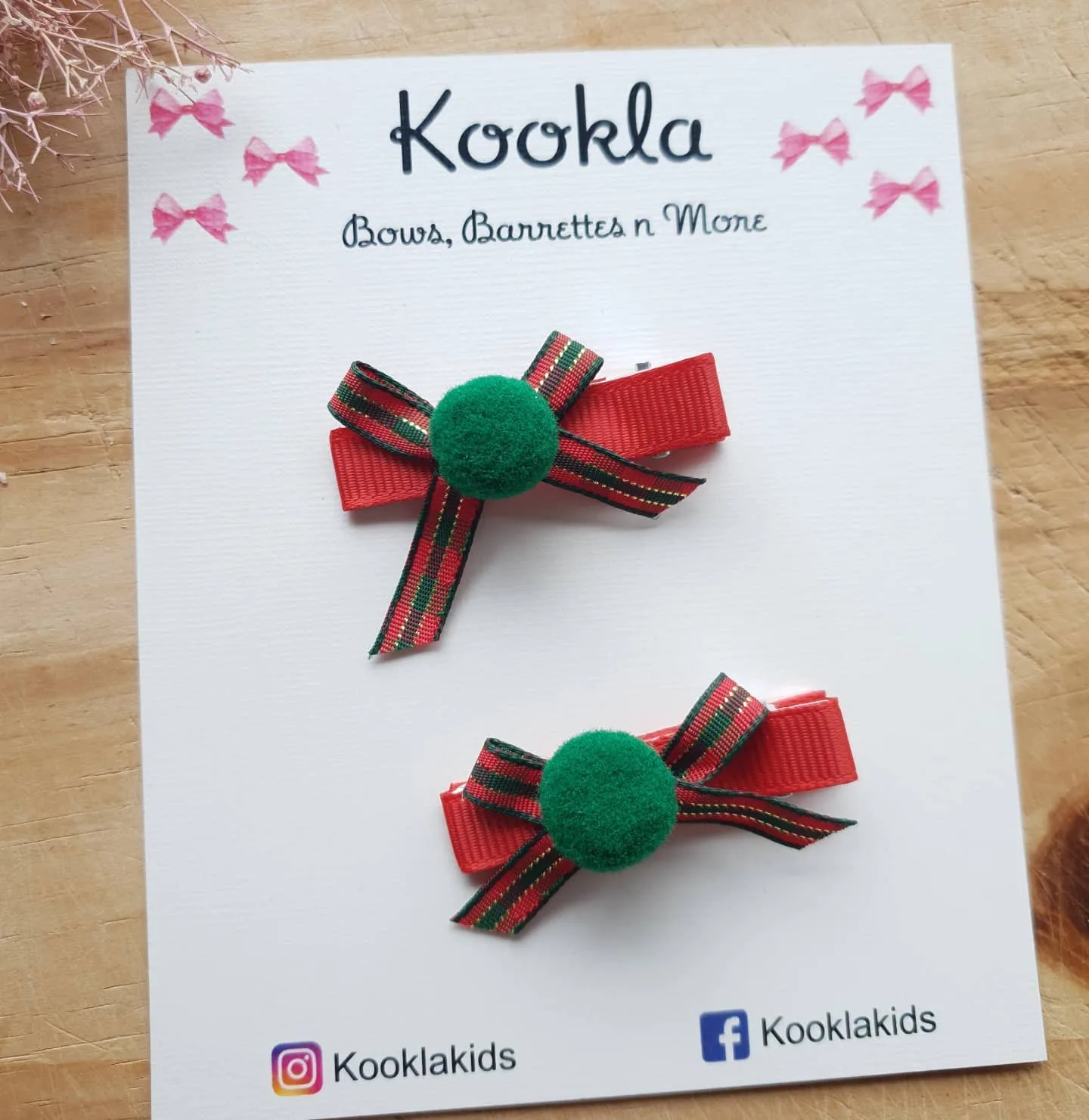 Tartan Ribbon Mini Bow Pompom Clip (Pair) — Red Tartan / Green