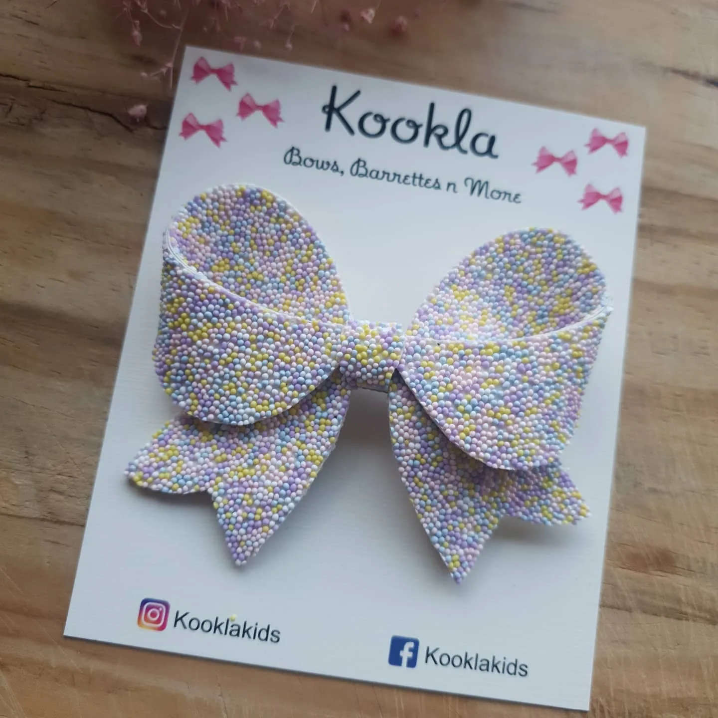 Micro Bead Covered Layered Bow Clip — White-Pastel Multicolour Beads