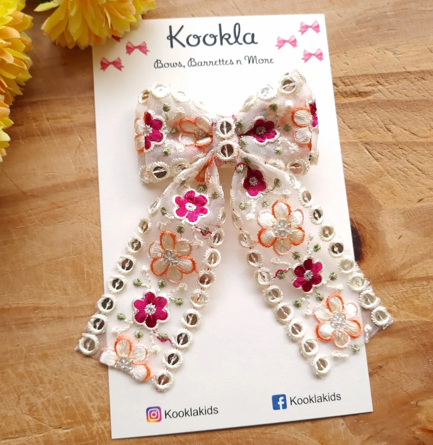 Embroidered Sequin Cutwork Net Long Tail Bow — White / Pink / Orange