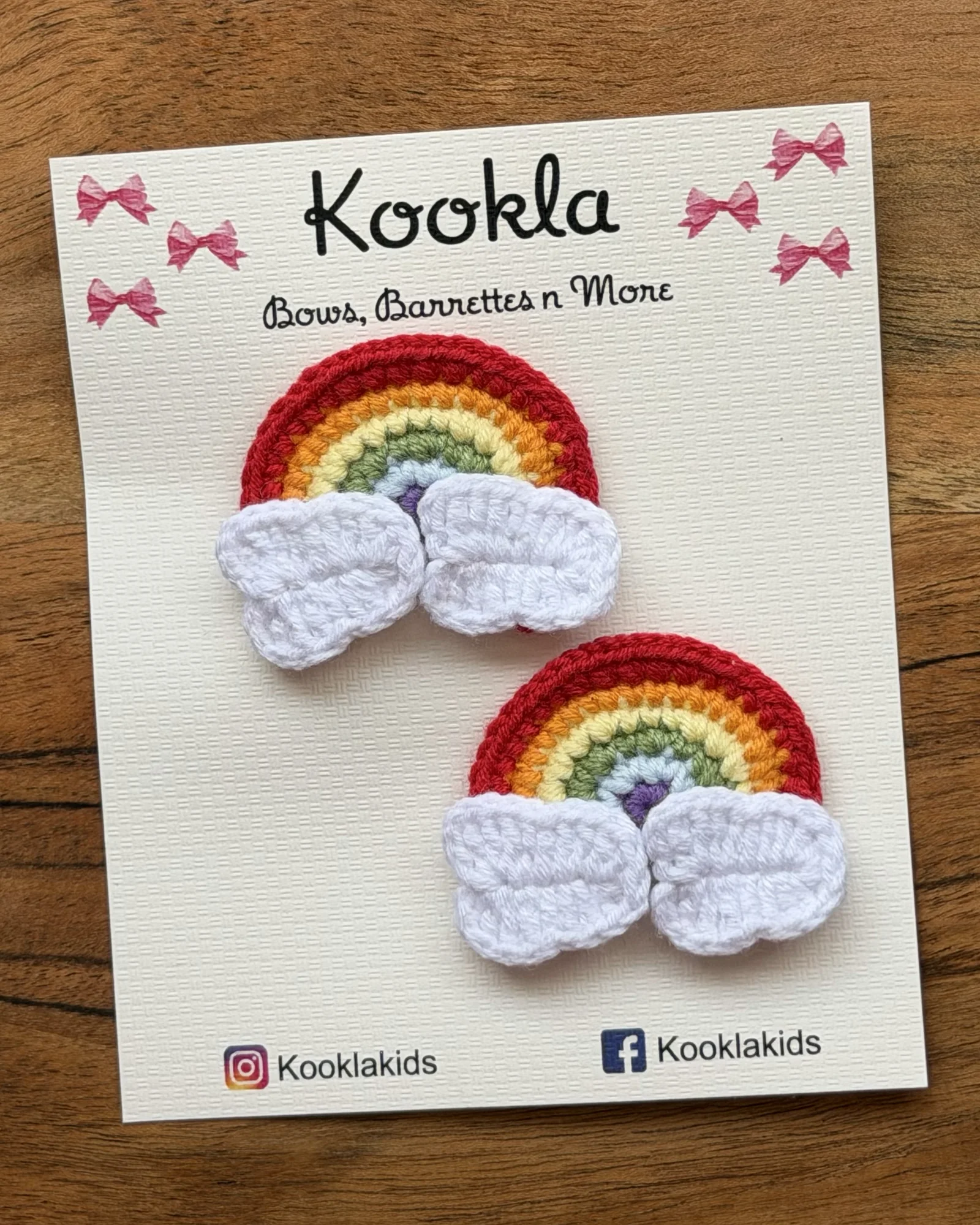 Crochet Rainbow Cloud Clips (Pair) — Rainbow / White