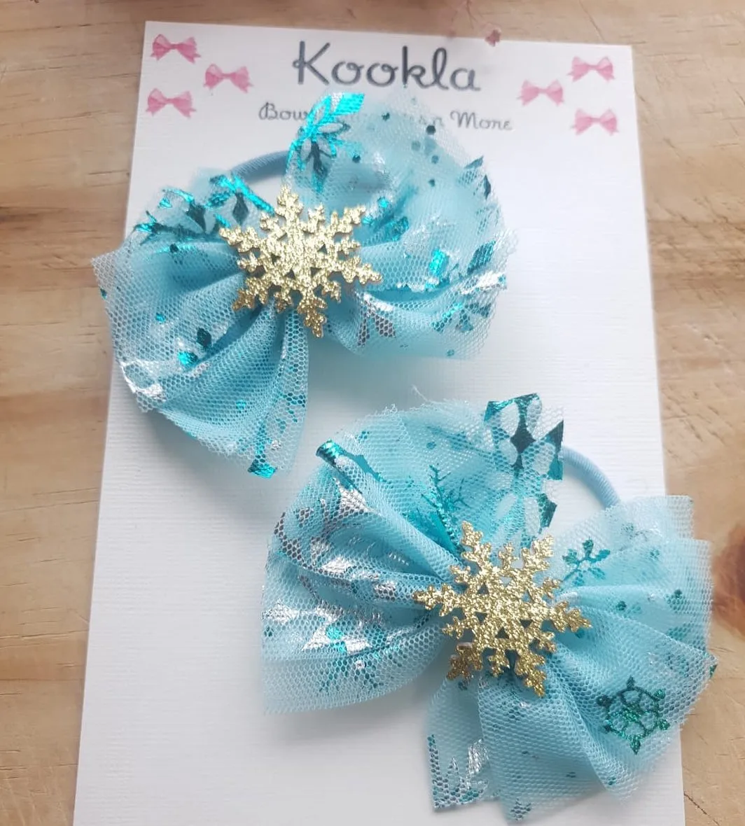 Snowflake Print Tulle Bow Hair Tie (Pair) — Ice Blue