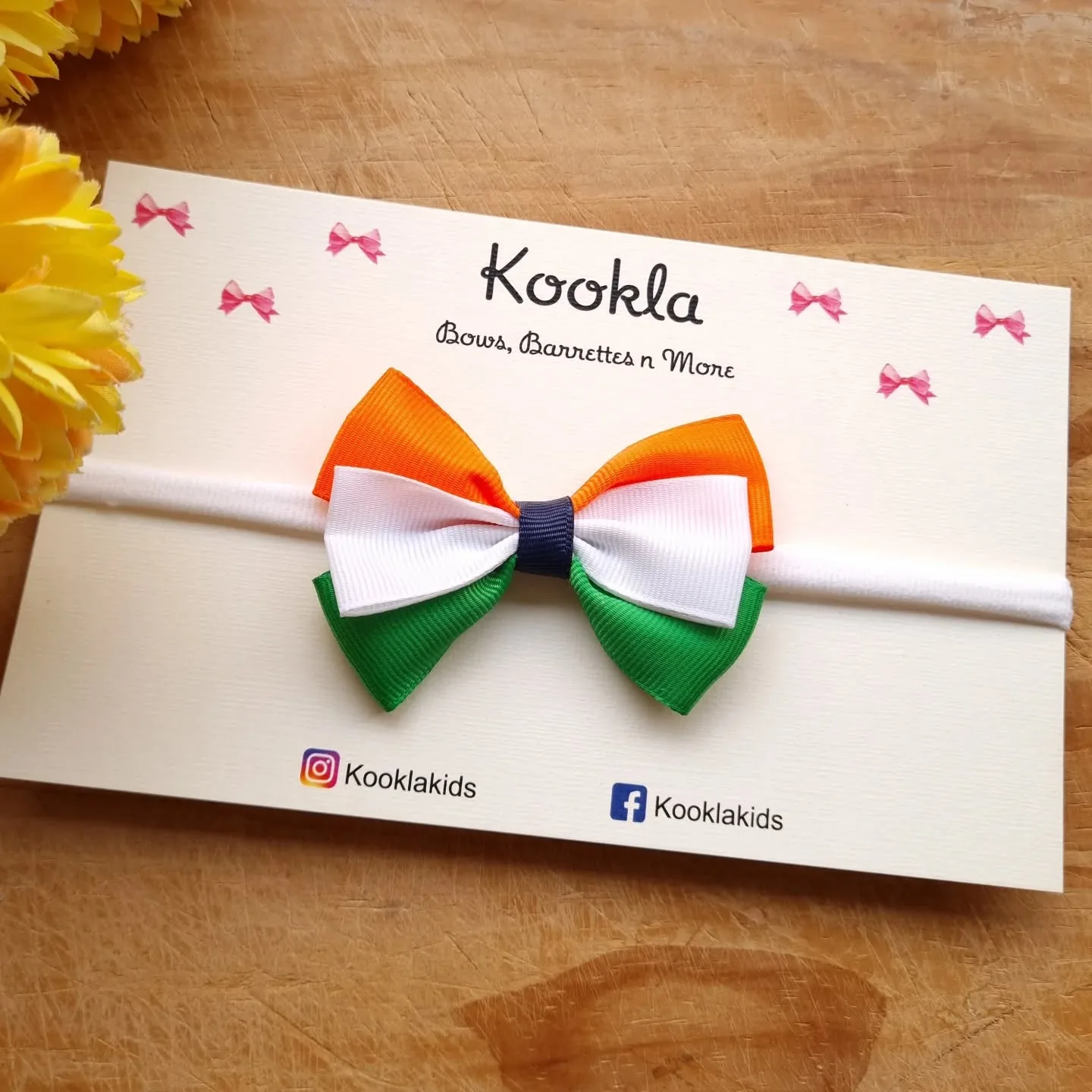 Tricolour Layered Grosgrain Bow Navy Headband — Saffron / White / Green