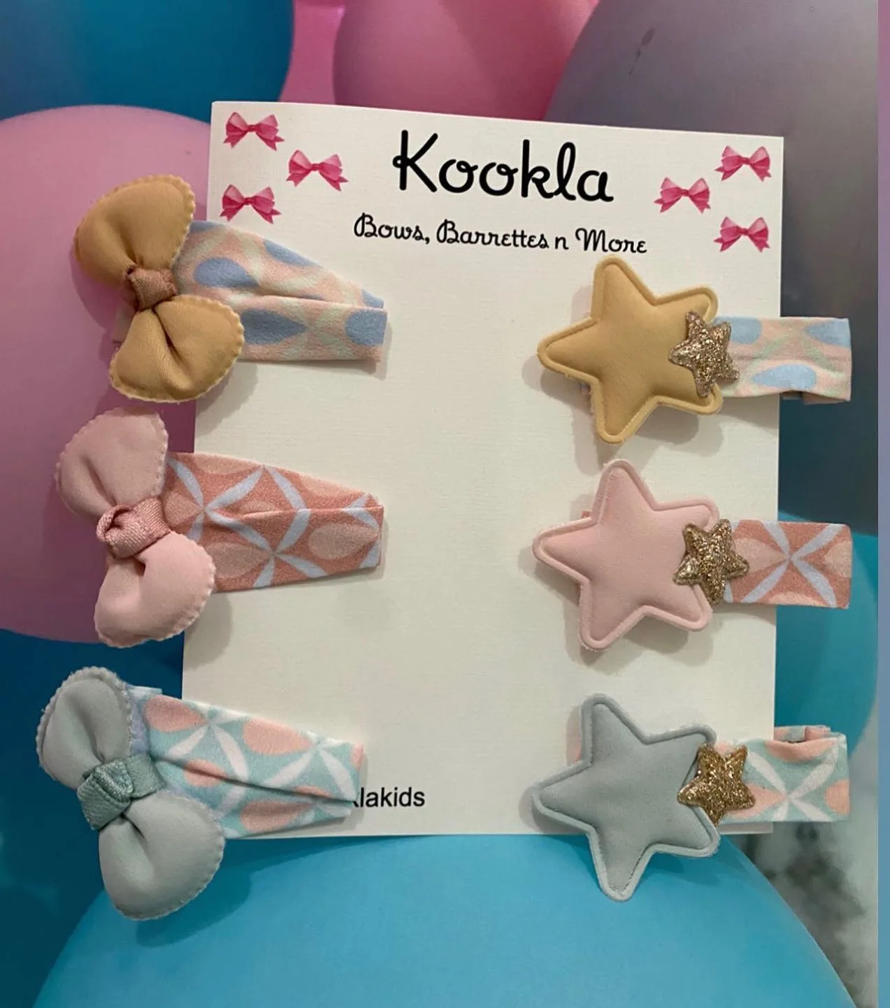 Padded Bow Star Snap Clip Set (Set of 6) — Tan / Pink / Grey / Mustard