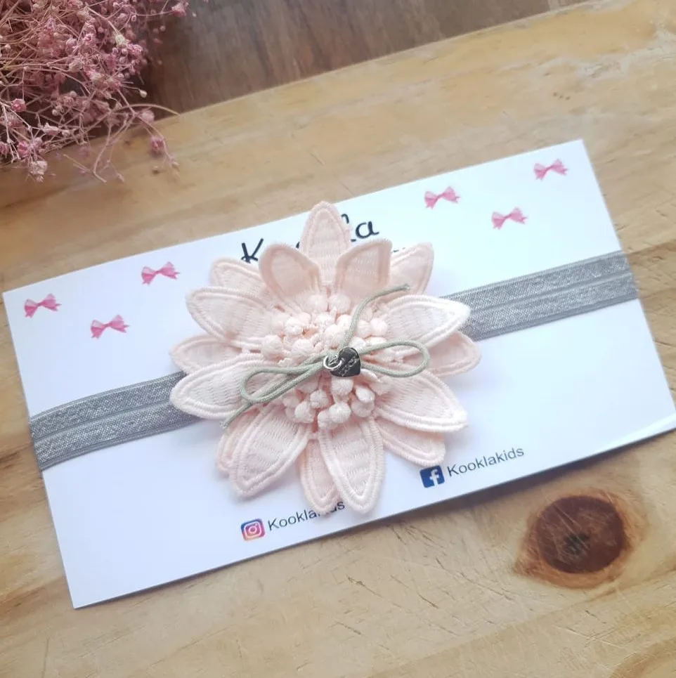 Layered Lace Flower Thin Headband — Pale Pink / Grey Band