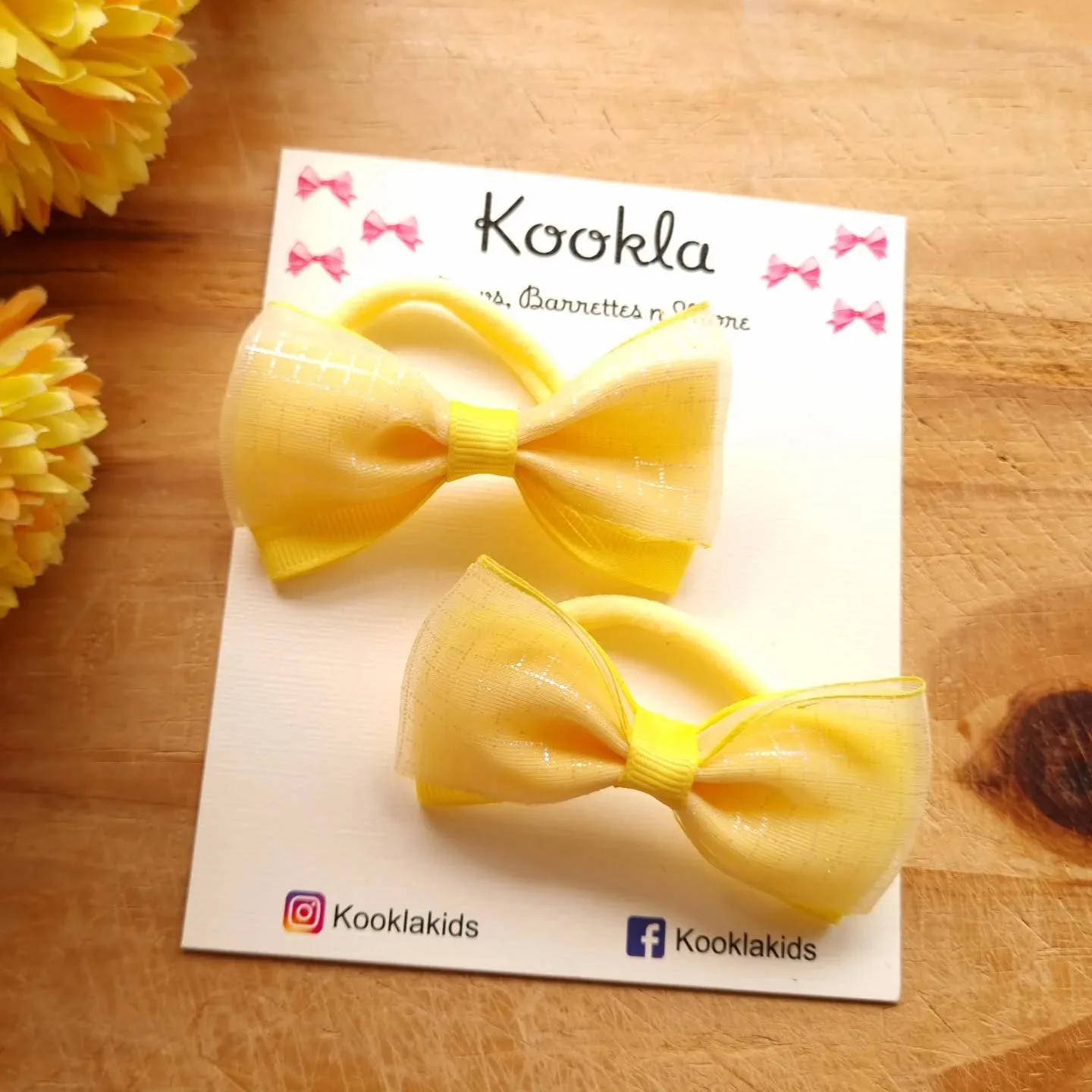 Organza Grid Print Bow Elastic Hair Tie (Pair) — Yellow