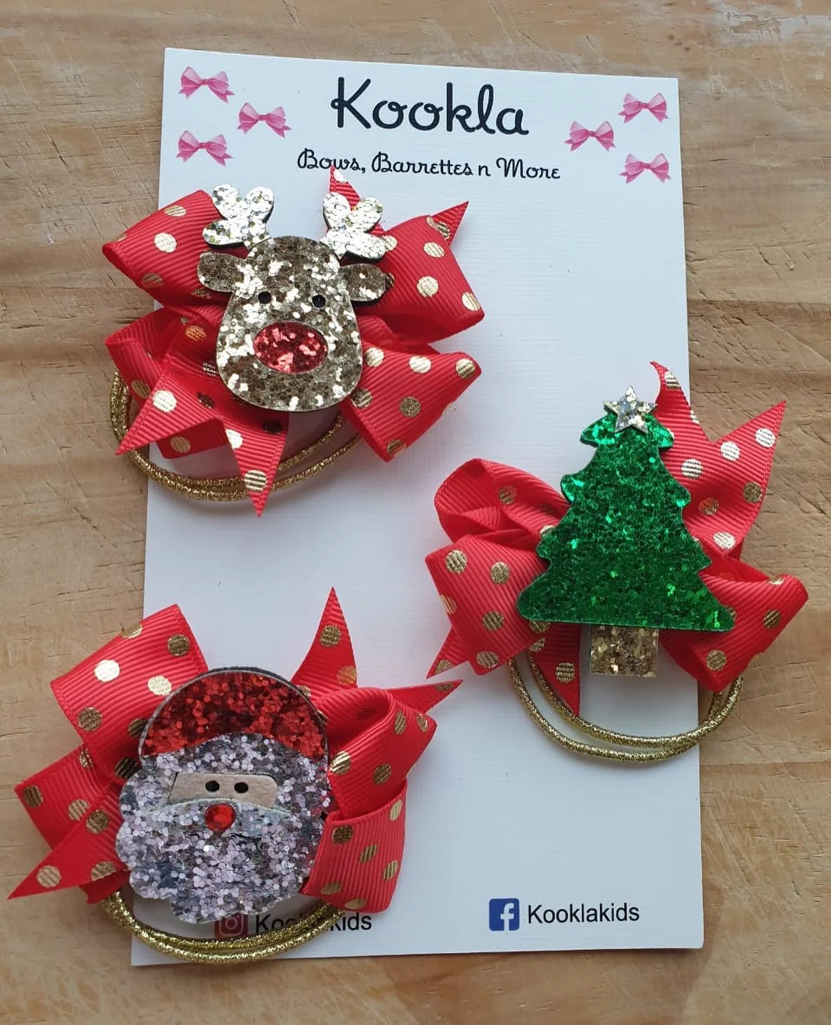 Christmas Spiked Bow Glitter Charm Hair Tie (Set of 3) — Red / Gold Dot / Glitter
