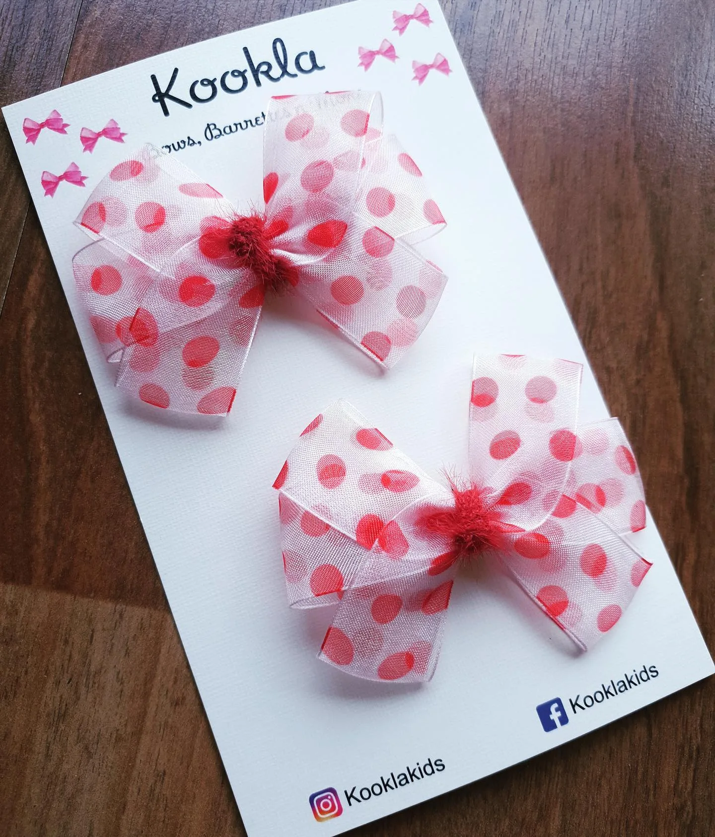Organza Polka Bow Pompom Clip (Pair) — White / Red Dots