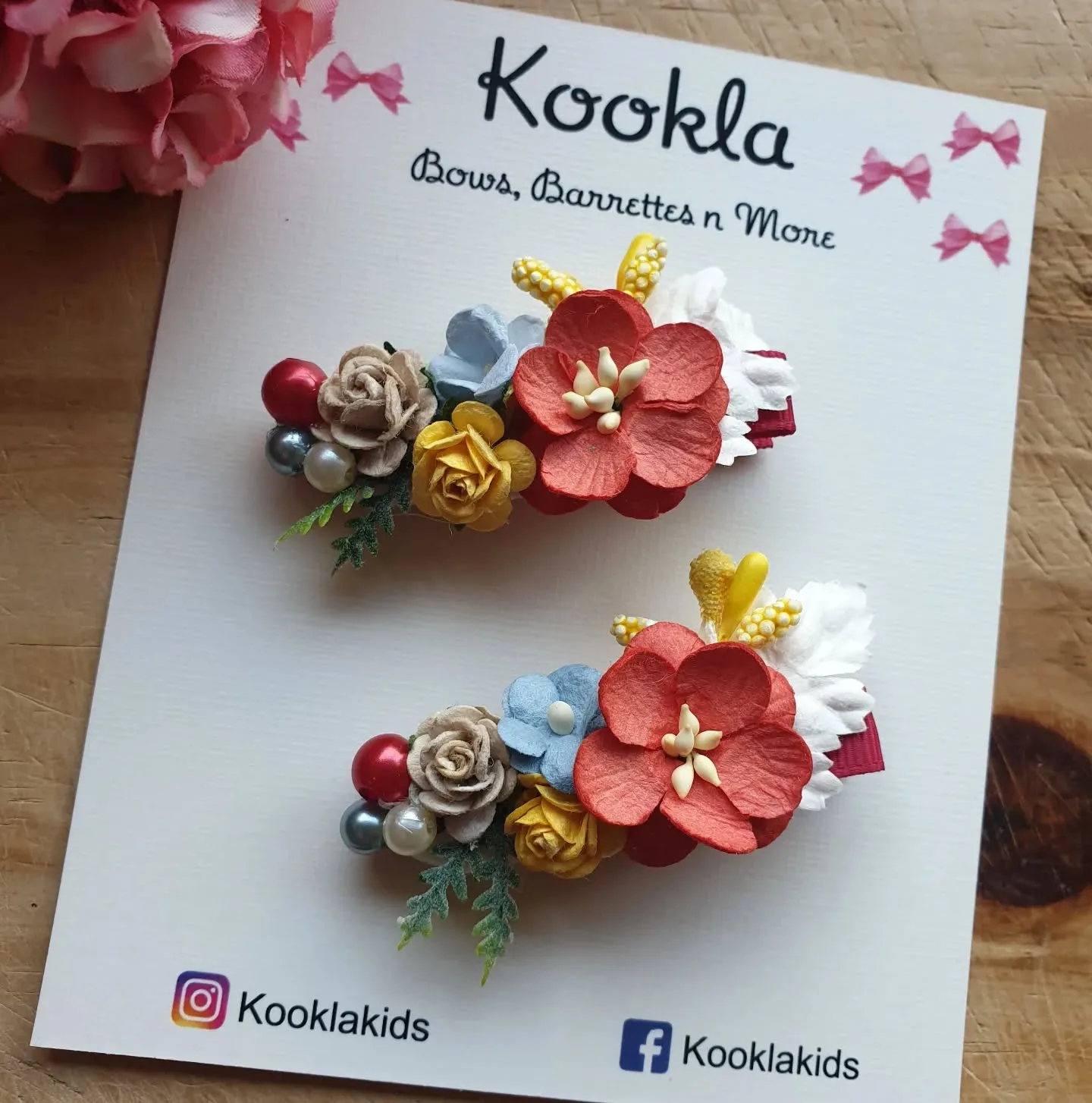 Mulberry Paper Flower Cluster Bar Clip (Pair) — Coral / Multi