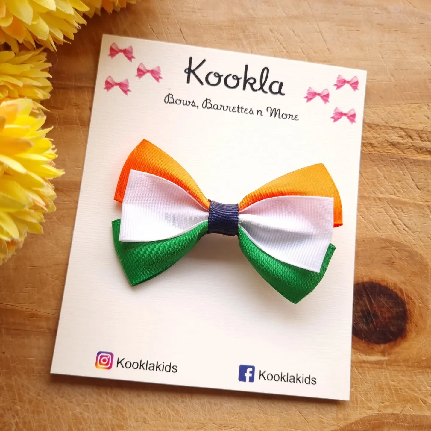 Tricolour Grosgrain Bow Clip — Saffron / White / Green