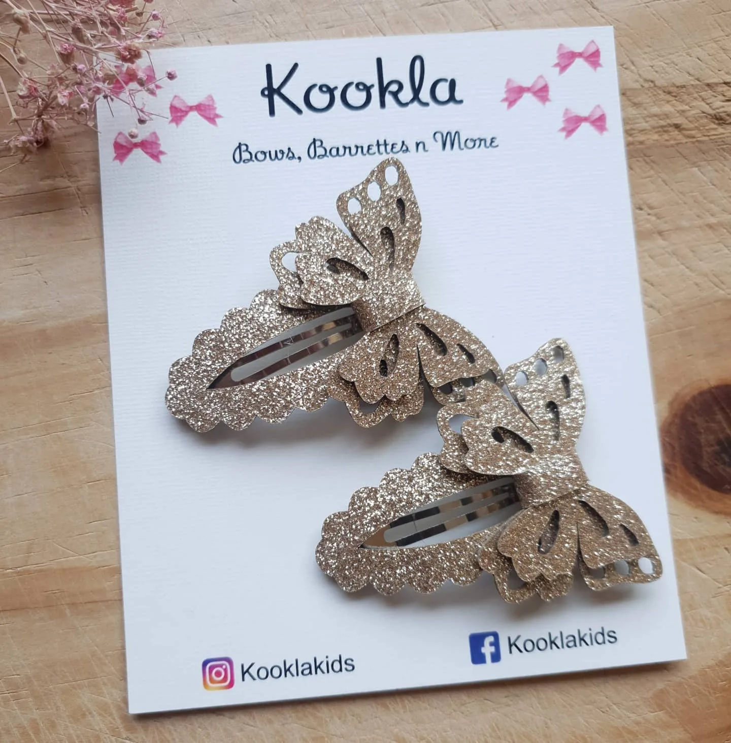 Glitter Cutout Butterfly Snap Clip (Pair) — Rose Gold Glitter