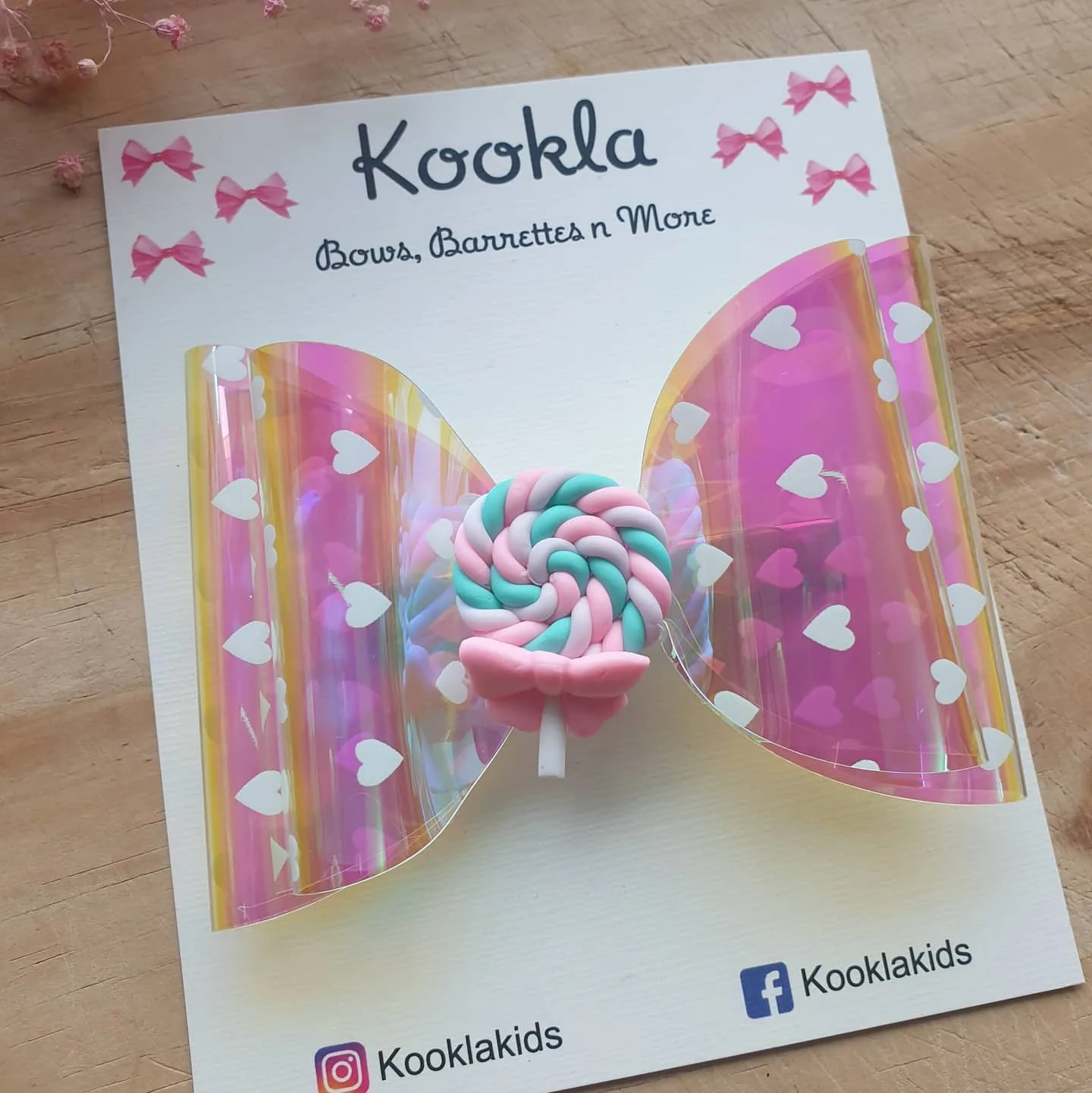 Iridescent Vinyl Lollipop Bow Clip — Iridescent Pink / Pink Swirl Lollipop