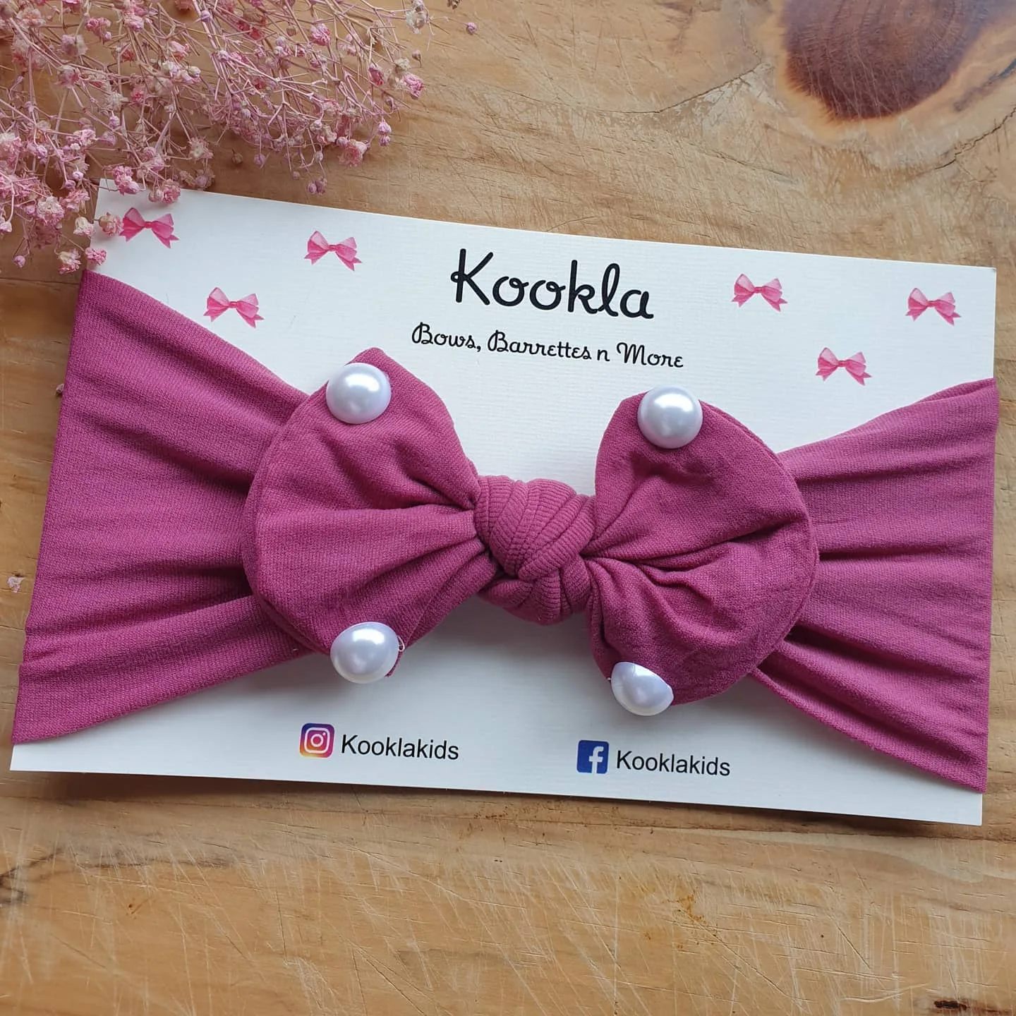 Pearl Stud Knot Bow Wide Headband — Berry Pink
