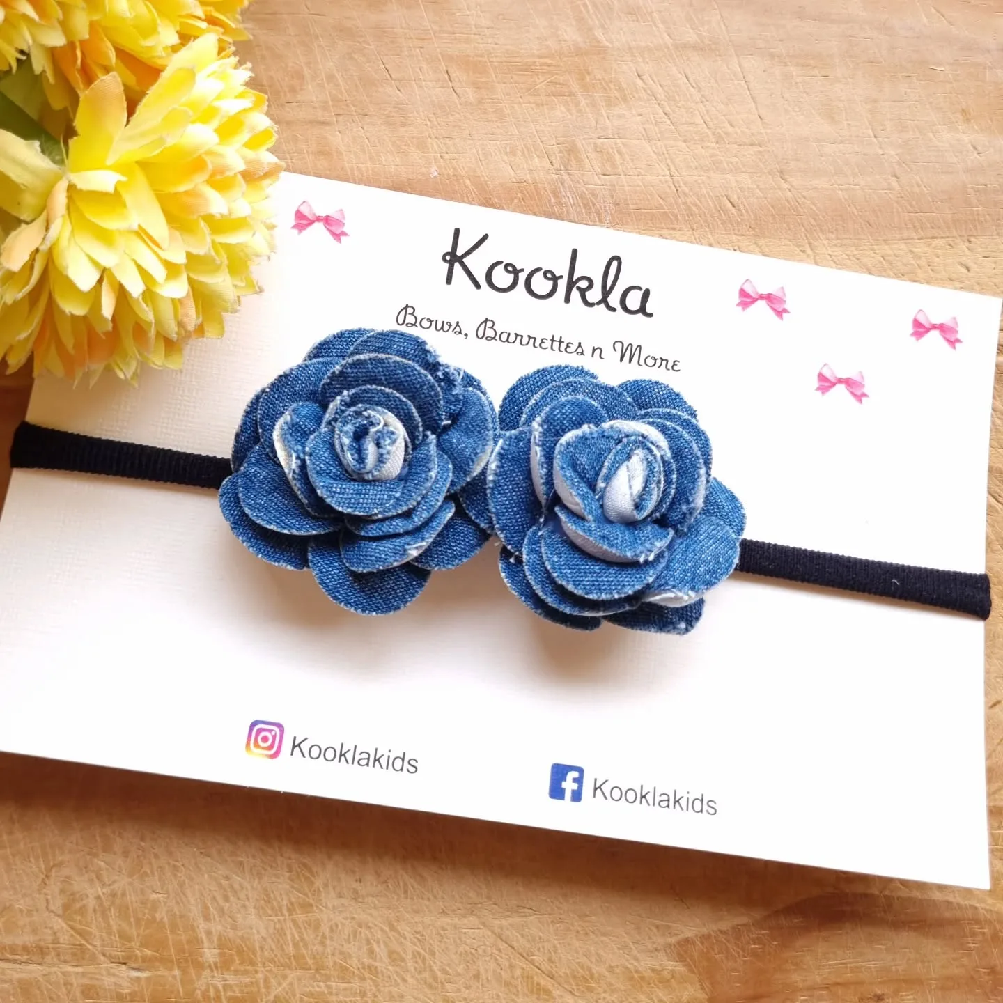 Denim Fabric Rose Duo Nylon Headband — Denim Blue