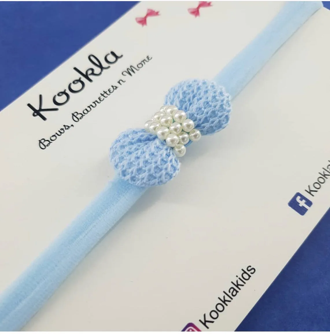 Small Textured Bow Pearl Headband — Light Blue