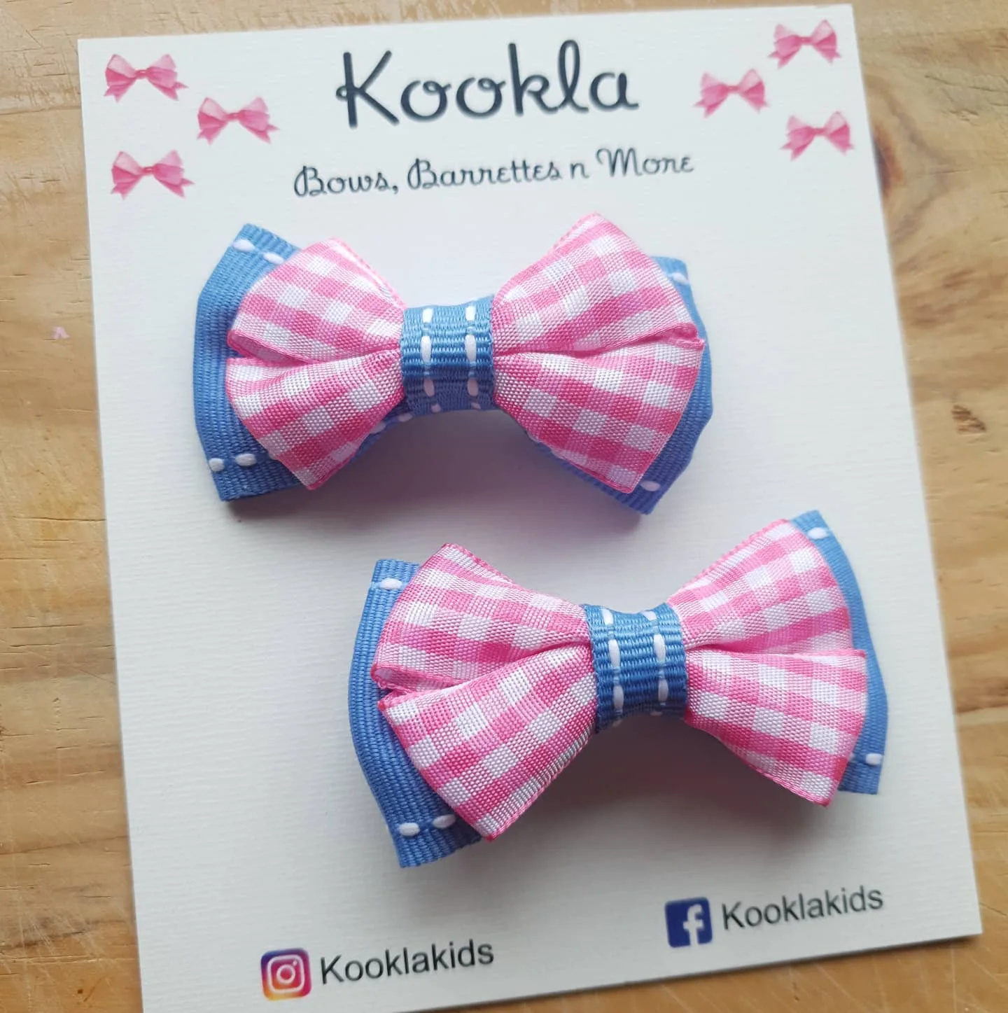 Gingham Bow Layered Grosgrain Ribbon Clip (Pair) — Pink Gingham / Blue