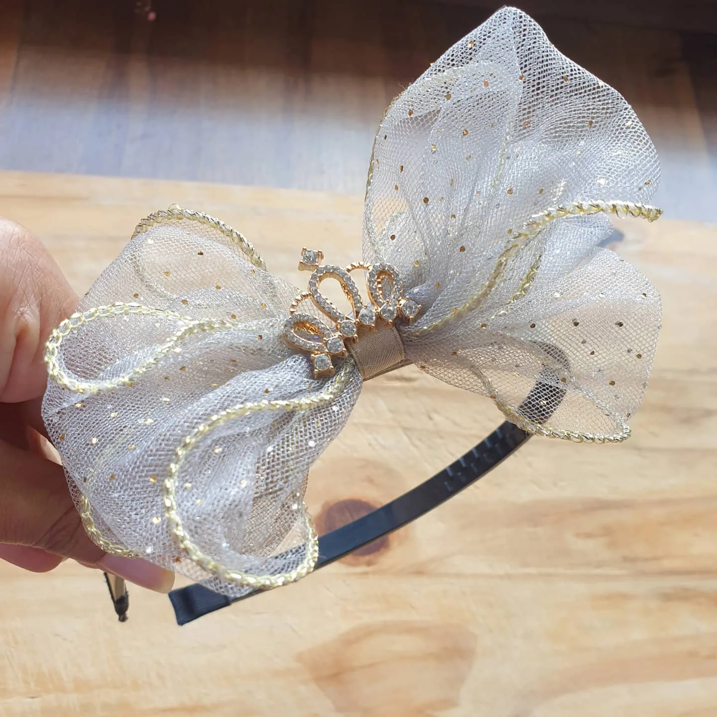 Gold Edged Organza Bow Alice Band — White / Silver