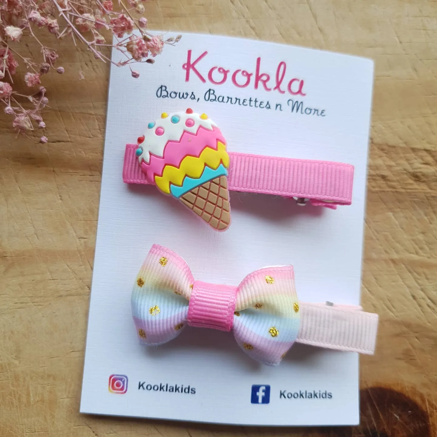 Resin Charm Ribbon Clip and Mini Bow Clip (Pair) — Pink / Rainbow