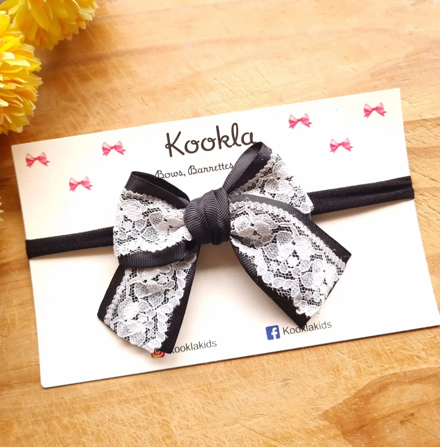 Lace Overlay Grosgrain Sailor Bow Headband — Black / White Lace