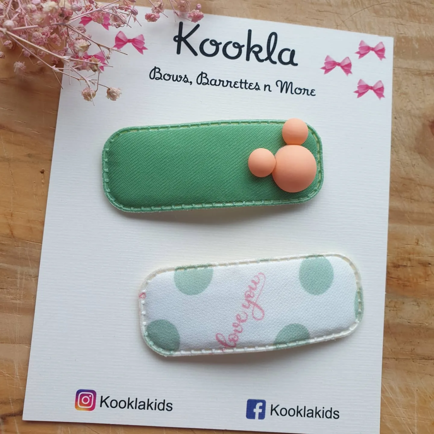 Padded Mouse Ears Snap Clips (Pair) — Green / Mint Polka Dot