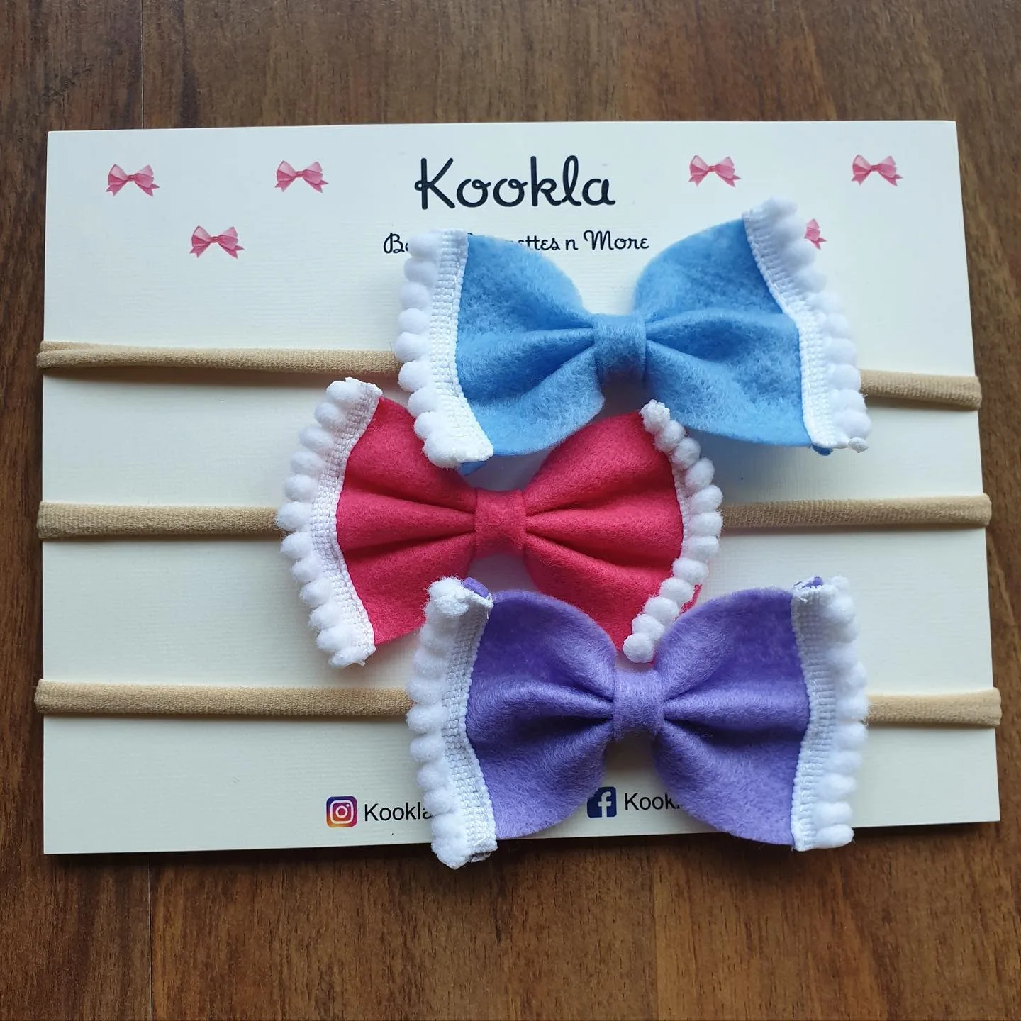 Felt Bow Pompom Trim Headband (Set of 3) — Sky Blue / Pink-Red / Purple